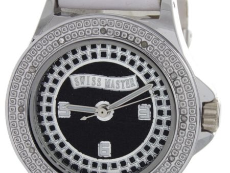 Swiss Master Women Round Silver-tone Case Black Black Dial White Leather Watch Sale