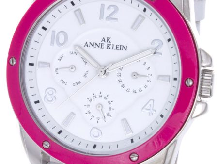 Anne Klein Women s Multi-function Pink Bezel White Leather Strap Watch 10 9657 Fashion