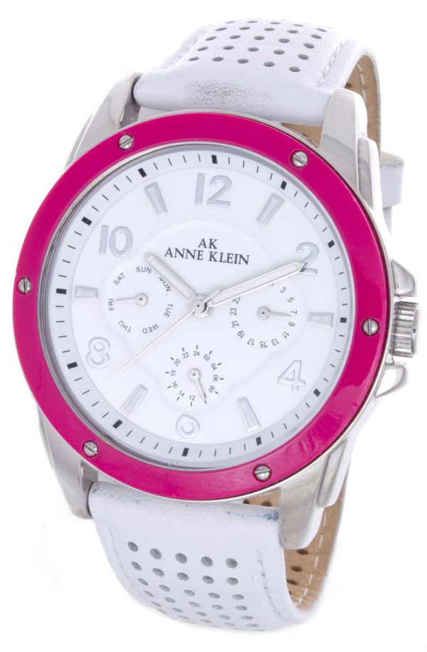 Anne Klein Women s Multi-function Pink Bezel White Leather Strap Watch 10 9657 Fashion