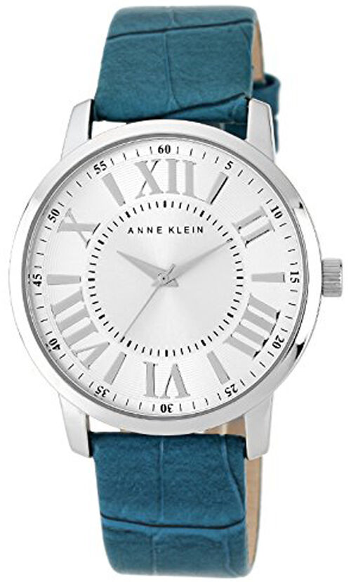 Anne Klein AK 1559SVTE Silver Dial Teal Leather Strap Women s Watch Hot on Sale