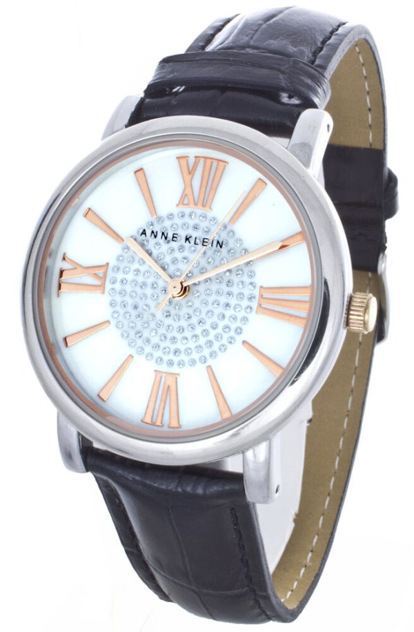 Anne Klein Women s Mother of Pearl Dial Black Leather Crystal Watch AK 1121 For Discount